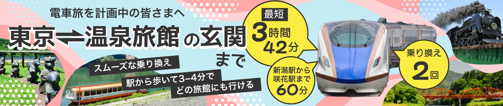 「東京から温泉旅館の玄関」バナー